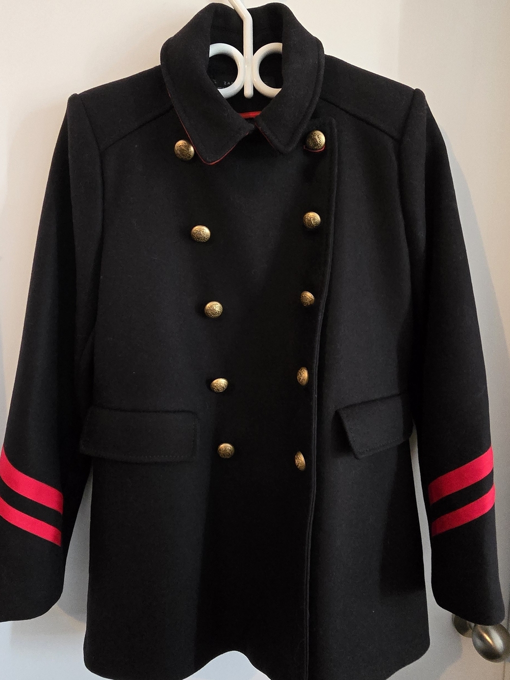Zara Black Utility Peacoat with Red Stripe Detail